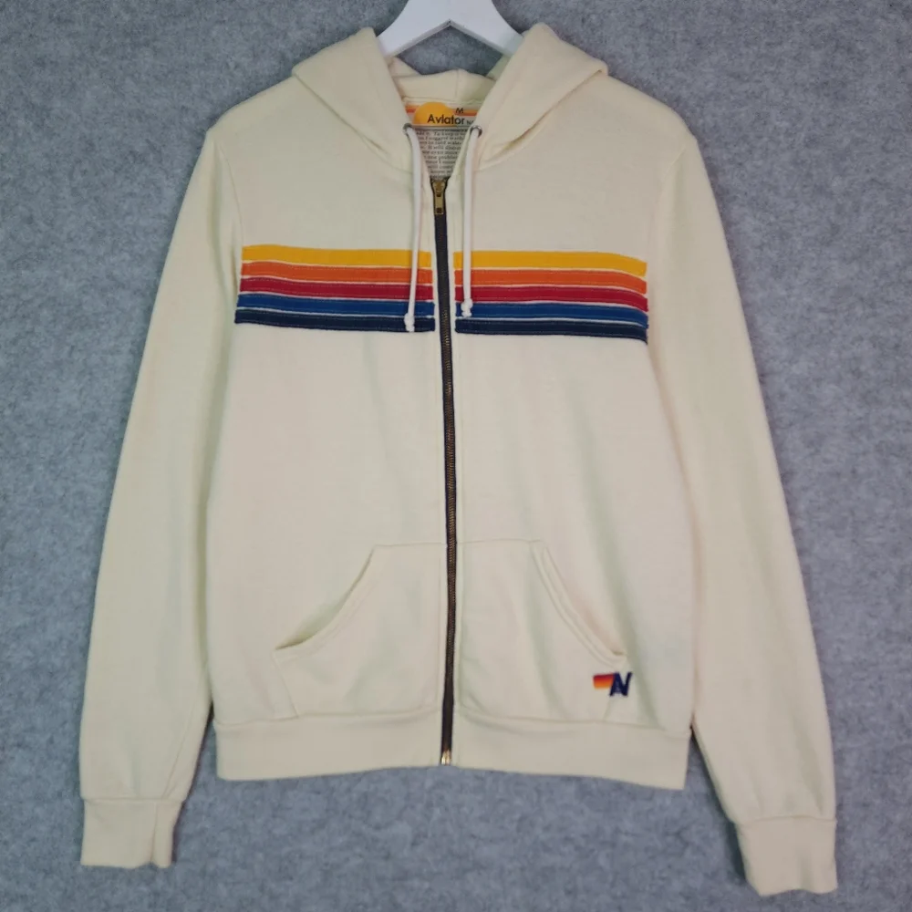 Aviator Nation 5 Stripe Zip Hoodie in Vintage White Medium - Picture 2 of 8